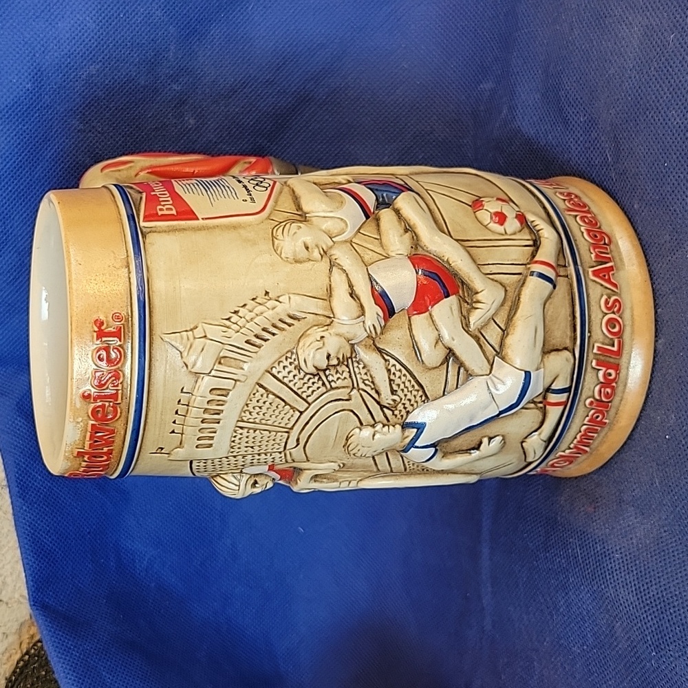 Vintage 1984 Summer Olympics Beer Stein Anheuser Bush Soccer Bicycling Boxing